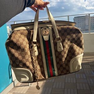 Gucci Beige and Cream Travel Bag with Signature Stripe